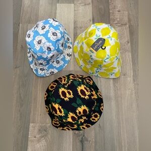 Lot of 3 Bucket Hats Unisex Adult
Sunflower, Lemon, and Floral Print Bucket Hats